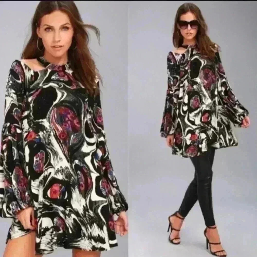 Free People Womens Drift Away Black Print Cold Shoulder Tunic Dress/ Top S